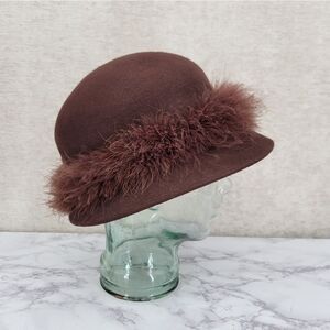 Arlington Hat Co Wool Chocolate Brown With feather band Bucket Hat Church Felt